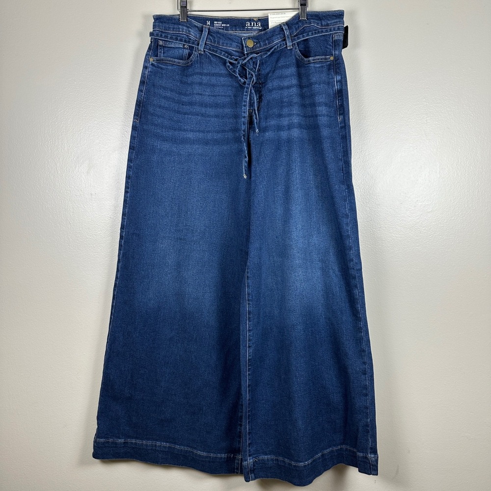 a.n.a Women's 14 Slouchy Wide Leg Jeans Dark Blue Mid Rise Tie Waist  NEW